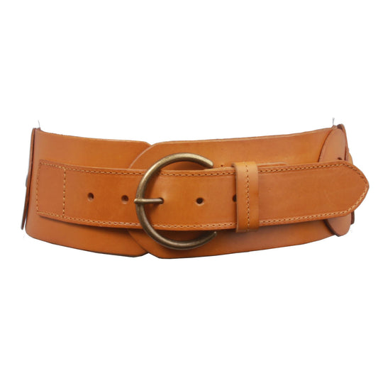 Ladies 3" (75 mm) Wide High Waist Round Disk Linked Braided Cowhide Top Full Grain Leather Belt