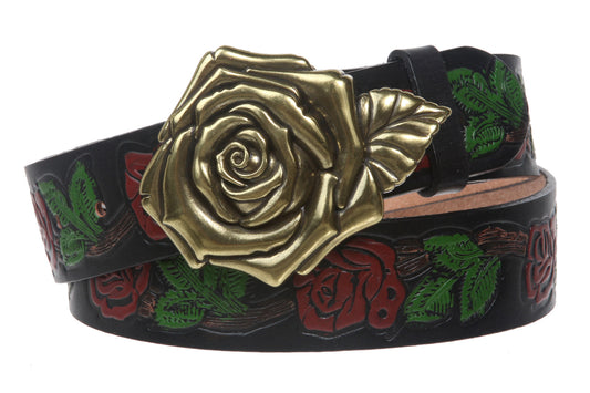 1 1/2" (38 mm) Snap on Embossed Roses Leather Belt