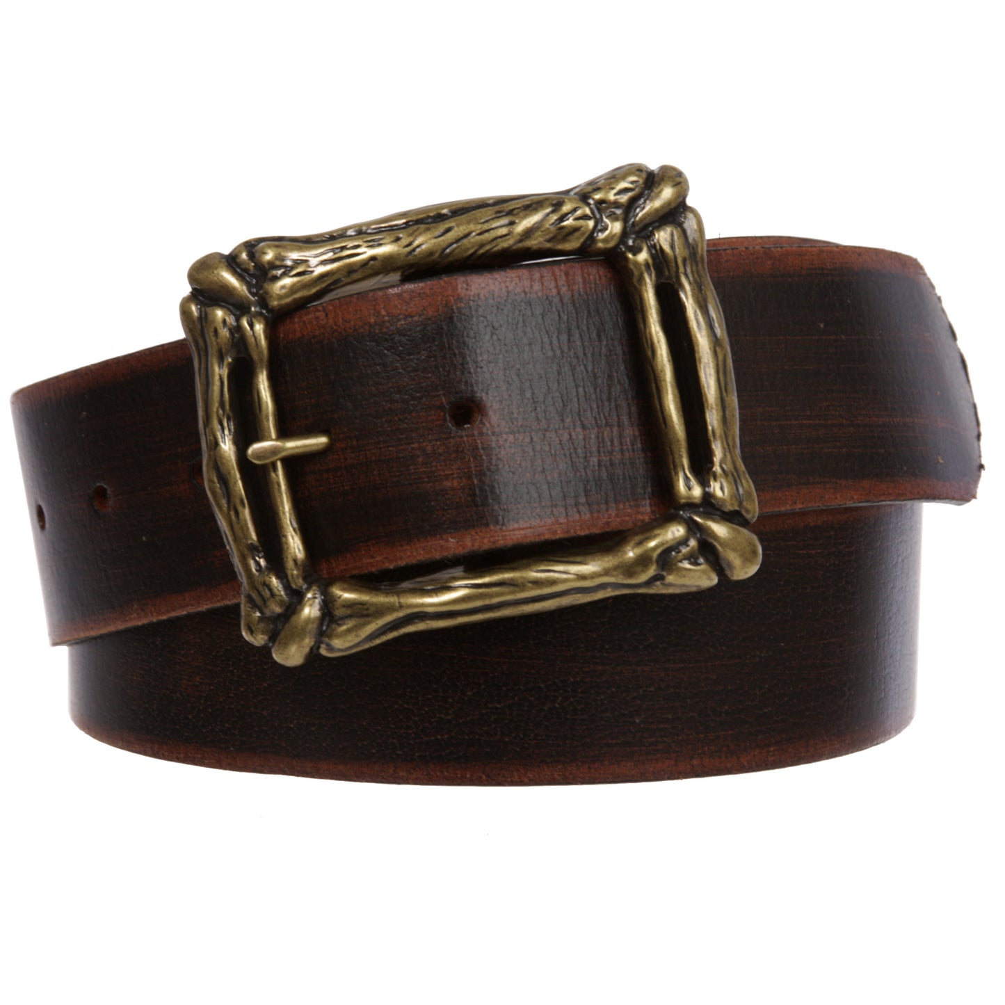 Western Vintage Retro Distressed Solid Leather Belt with Curved Bone Buckle