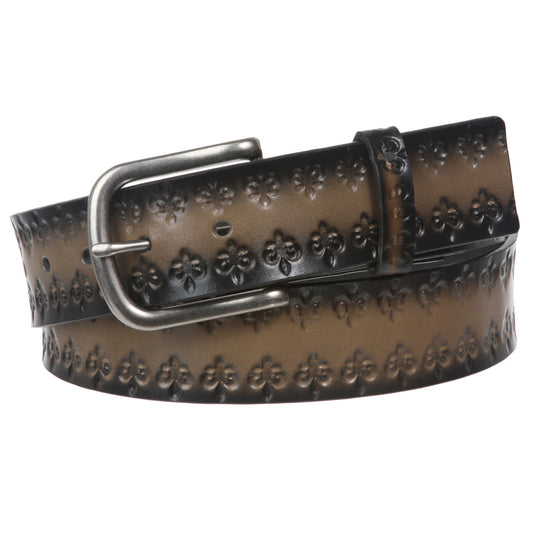 Snap On Oil Fleur De Lis Embossed Genuine Bonded Leather Belt