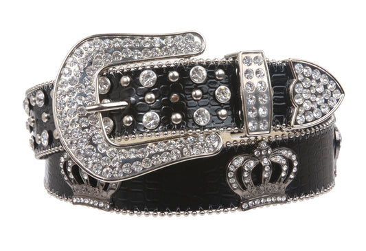 Snap On Rhinestone Crown Silver Circle Studded Genuine Leather Belt