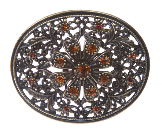 Perforated Oval Topaz Rhinestone Flower Belt Buckle