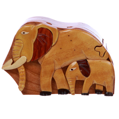 Handcrafted Wooden Animal Shape Secret Jewelry Puzzle Box - Elephants