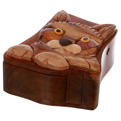 Cat Lover Handcrafted Wooden Animal Shape Secret Jewelry Puzzle Box - Cat