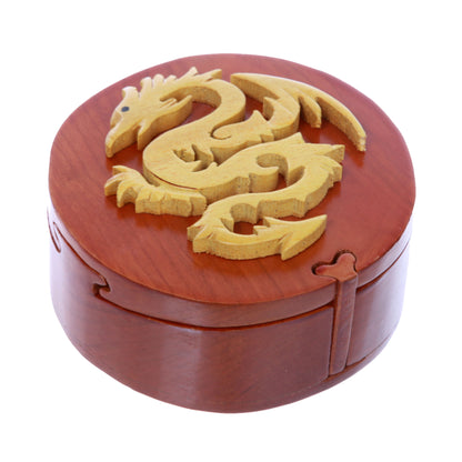 Handcrafted Wooden Round Dragon Shape Secret Jewelry Puzzle Box - Dragon