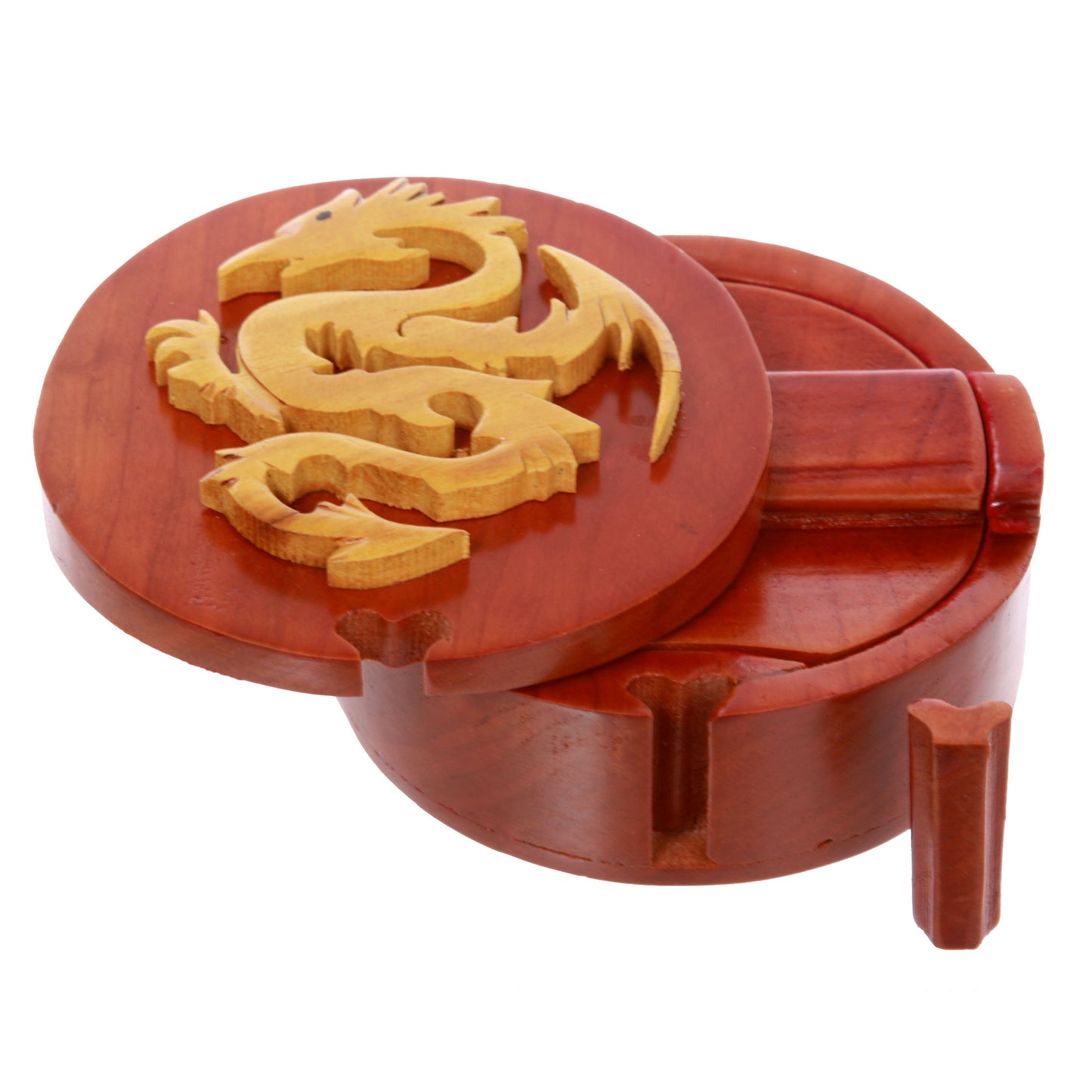 Handcrafted Wooden Round Dragon Shape Secret Jewelry Puzzle Box - Dragon