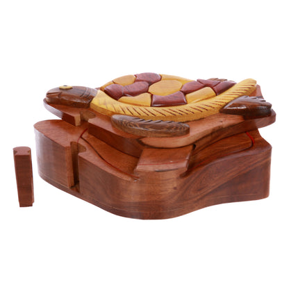 Handcrafted Wooden Turtle Animal Shape Secret Jewelry Puzzle Box - Turtle