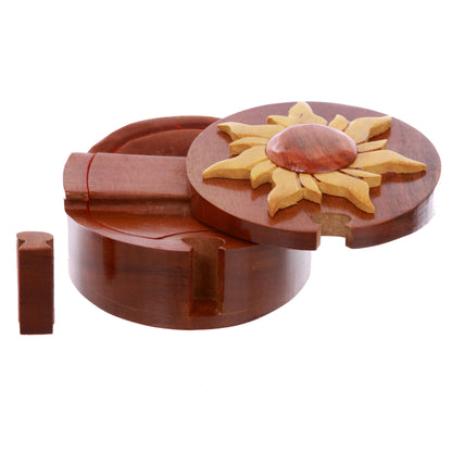 Handcrafted Wooden Round Shape Sun & Sunshine Secret Jewelry Puzzle Box - Sun