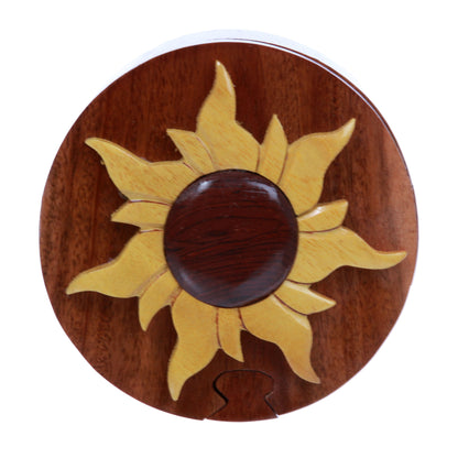 Handcrafted Wooden Round Shape Sun & Sunshine Secret Jewelry Puzzle Box - Sun