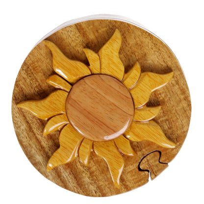 Handcrafted Wooden Round Shape Sun & Sunshine Secret Jewelry Puzzle Box - Sun