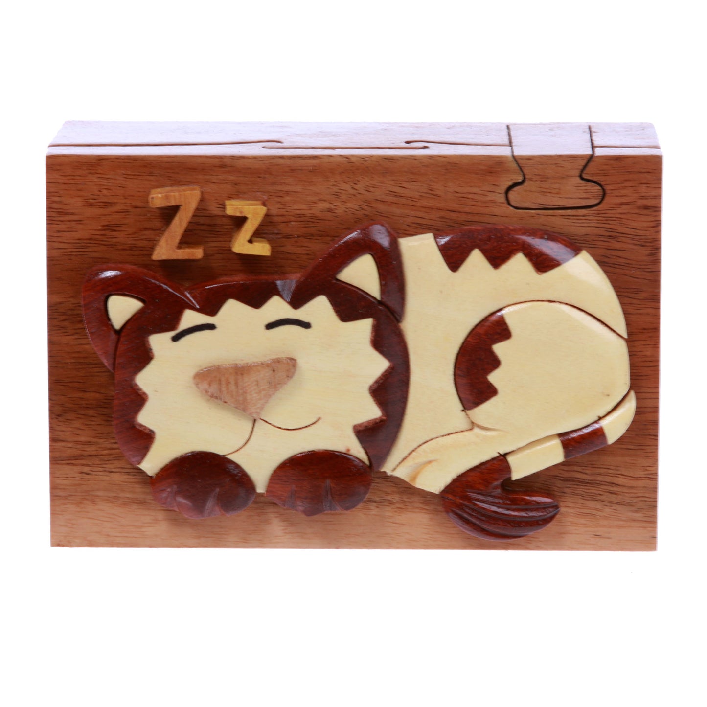 Handcrafted Wooden Rectangular Sleeping Kitty Secret Jewelry Puzzle Box - Sleeping Cat