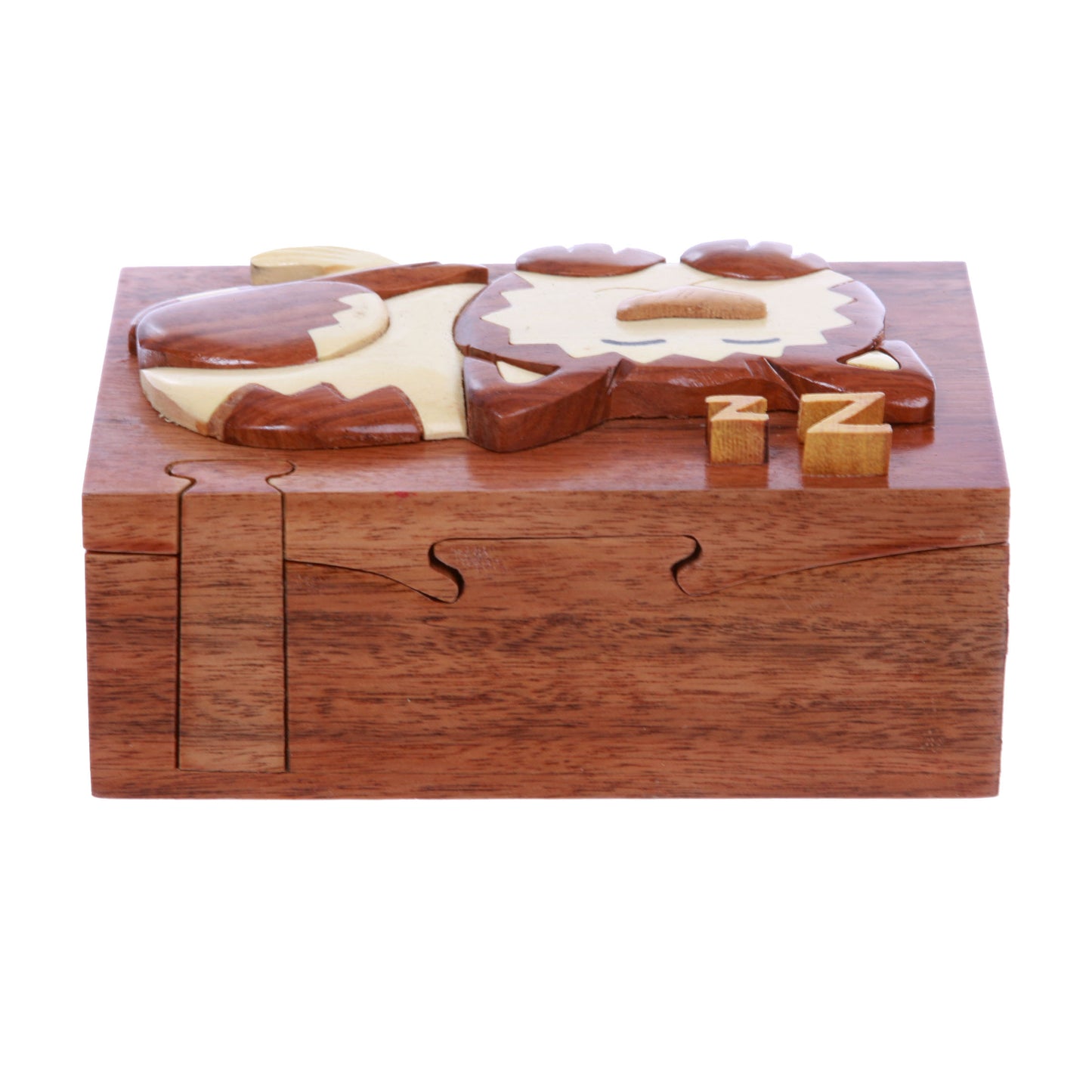 Handcrafted Wooden Rectangular Sleeping Kitty Secret Jewelry Puzzle Box - Sleeping Cat