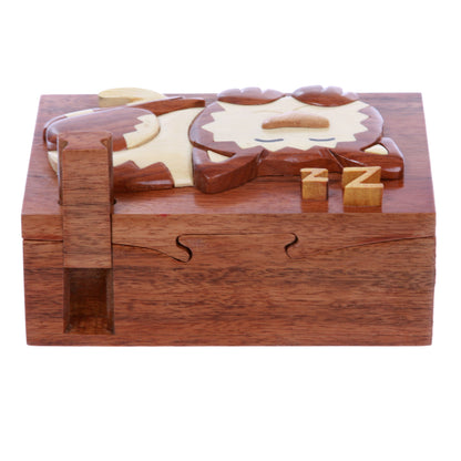 Handcrafted Wooden Rectangular Sleeping Kitty Secret Jewelry Puzzle Box - Sleeping Cat