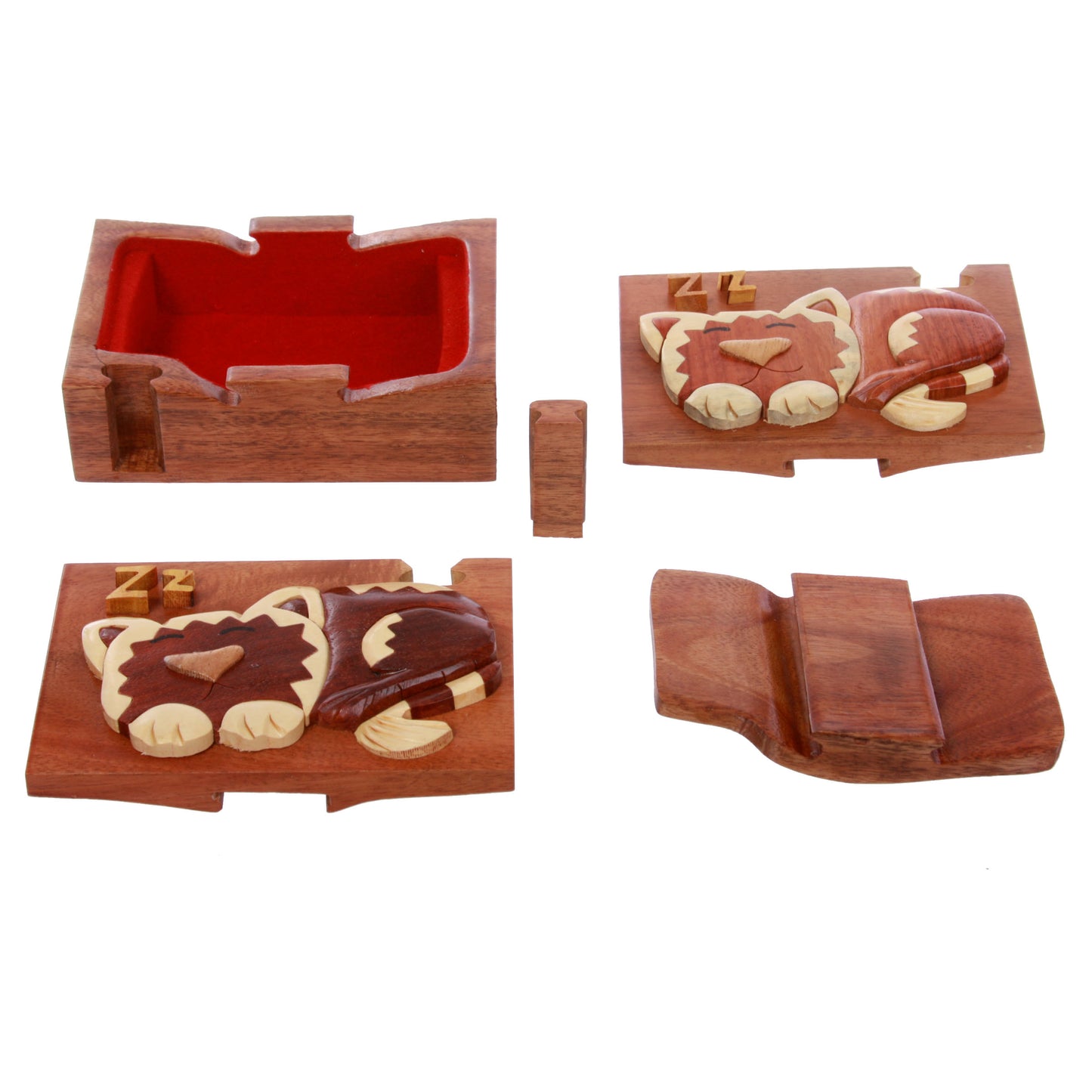 Handcrafted Wooden Rectangular Sleeping Kitty Secret Jewelry Puzzle Box - Sleeping Cat