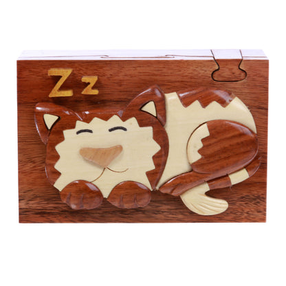 Handcrafted Wooden Rectangular Sleeping Kitty Secret Jewelry Puzzle Box - Sleeping Cat