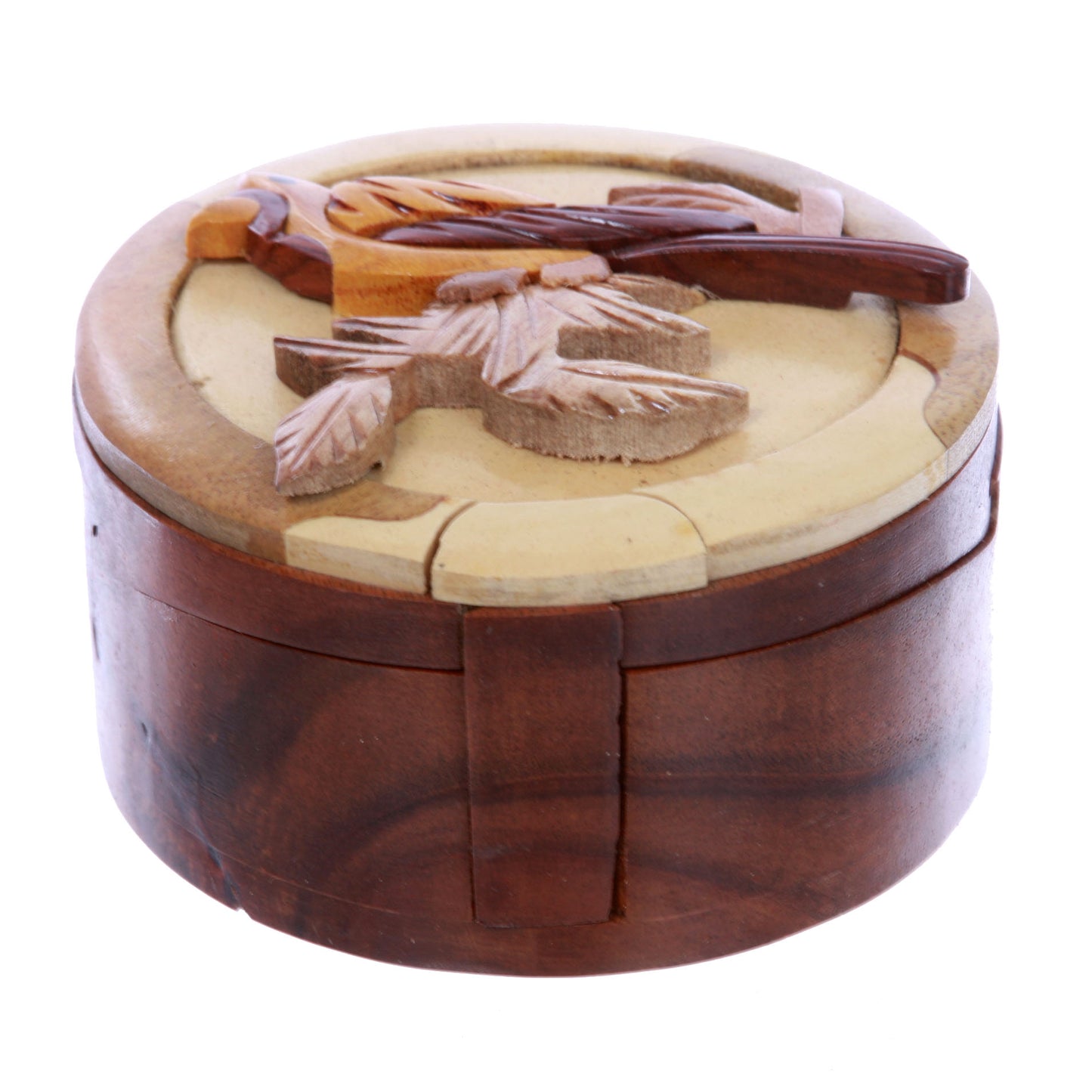 Lovely Bird Handcrafted Wooden Round Shape Secret Jewelry Puzzle Box - Bird