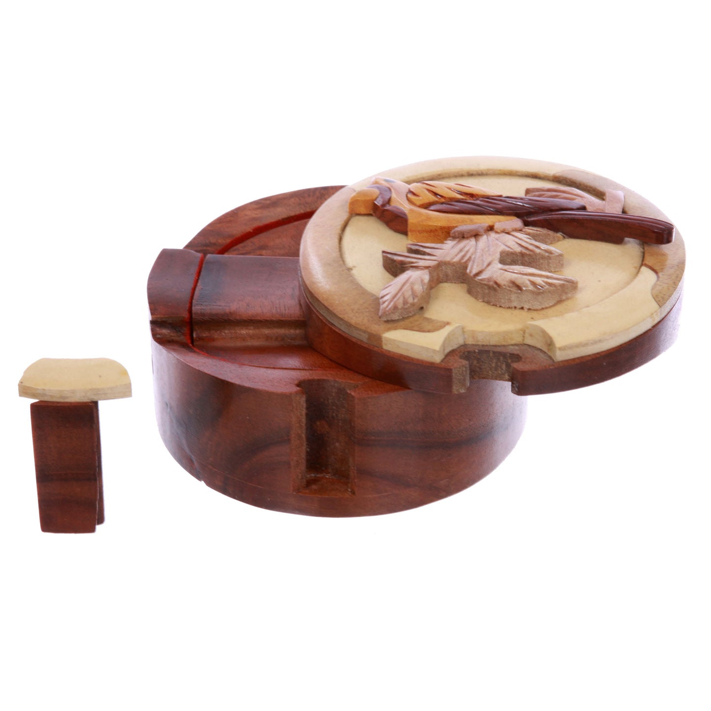 Lovely Bird Handcrafted Wooden Round Shape Secret Jewelry Puzzle Box - Bird