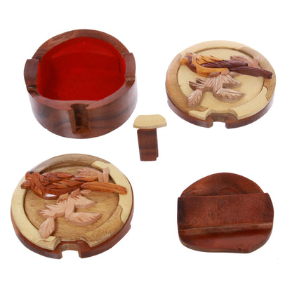 Lovely Bird Handcrafted Wooden Round Shape Secret Jewelry Puzzle Box - Bird