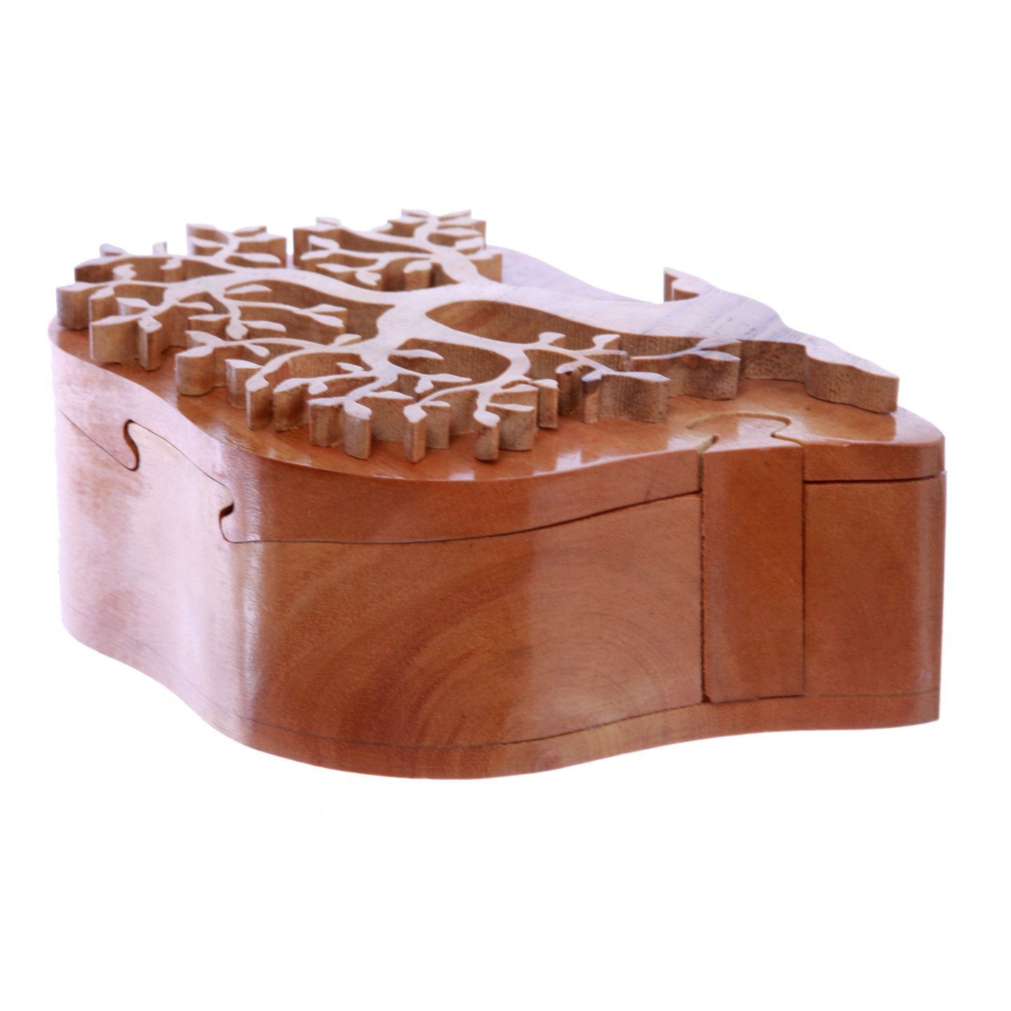 Handcrafted Tree Of Love Wooden Secret Jewelry Puzzle Box - Frondent Tree