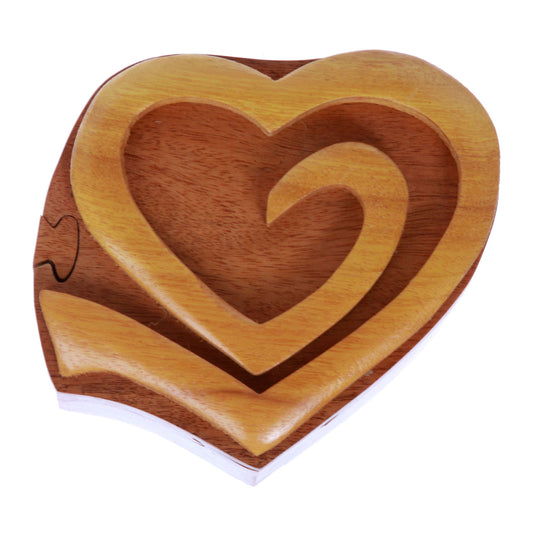 Double Interlink Entwined Hearts Handcrafted Wooden Secret Jewelry Puzzle Box - Hearts