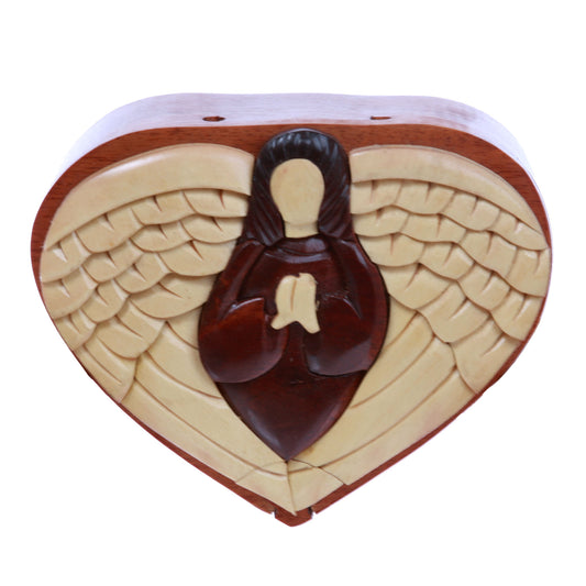 Virgin Mary With Wings Handcrafted Wooden Heart Shape Secret Jewelry Puzzle Box