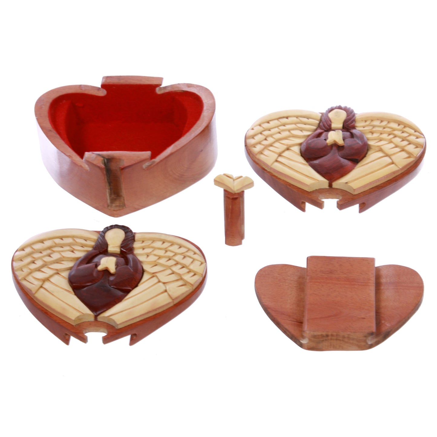 Virgin Mary With Wings Handcrafted Wooden Heart Shape Secret Jewelry Puzzle Box