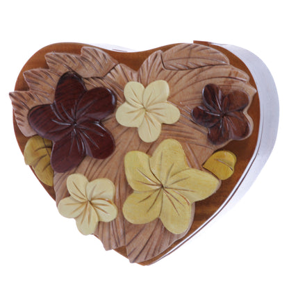 Handcrafted Wooden Flowers Heart Shape Oval Secret Jewelry Puzzle Box - Flowers & Heart