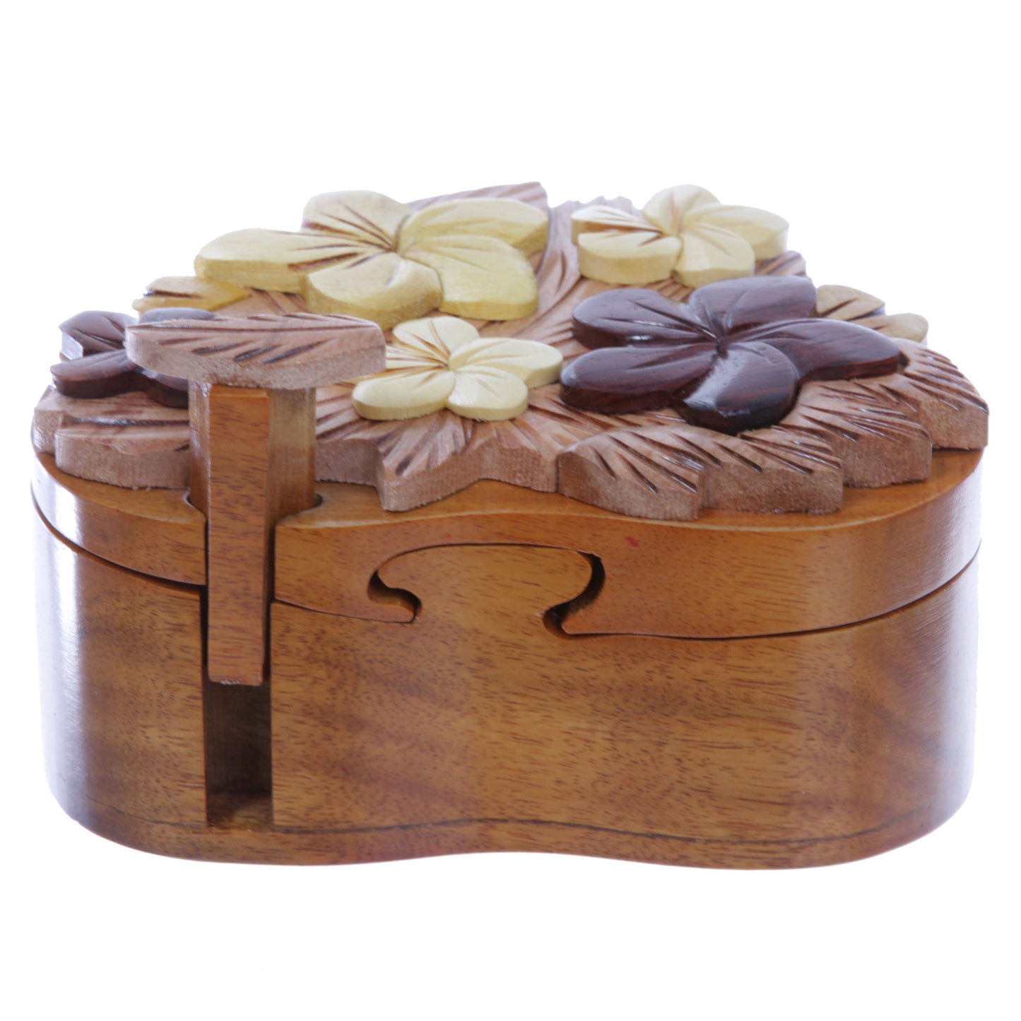 Handcrafted Wooden Flowers Heart Shape Oval Secret Jewelry Puzzle Box - Flowers & Heart