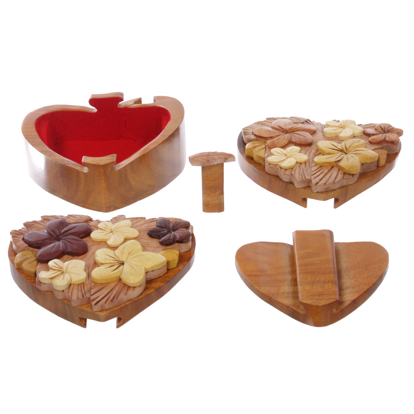 Handcrafted Wooden Flowers Heart Shape Oval Secret Jewelry Puzzle Box - Flowers & Heart