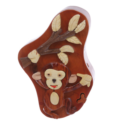 Handcrafted Wooden Monkey & Tree Shape Secret Jewelry Puzzle Box - Monkey