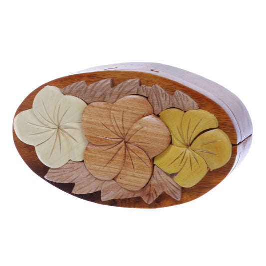 Handcrafted Wooden Flowers Shape Oval Secret Jewelry Puzzle Box - Flowers