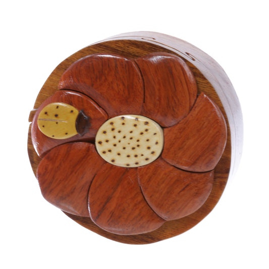 Handcrafted Wooden Beatle & Flower Round Shape Secret Jewelry Puzzle Box - Beatle & Flower