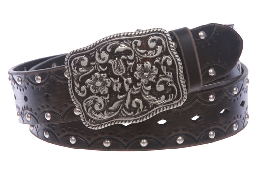 Women's Studded Western Floral Perforated Embossed Leather Belt