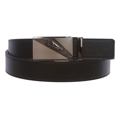 Men's Plain Leather Slide Ratchet Dress Belt with Jaguar Design Automatic Buckle