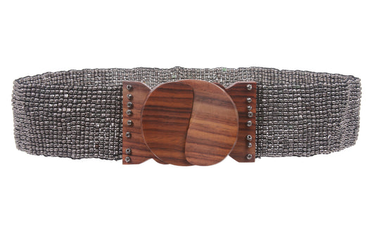 2 1/4" Beaded Stretch Belt with Polished Wood Buckle