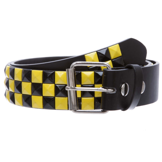 Snap On Punk Rock Star Studded Black & Yellow Checkerboard Leather Belt