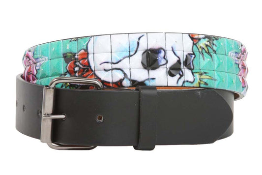 Snap On 1 1/2" Punk Rock Studded Rose & Skull Printed Belt