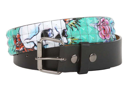 Snap On 1 1/2" Punk Rock Studded Rose & Skull Printed Belt