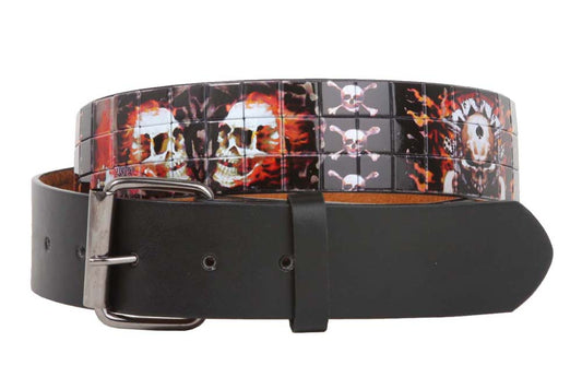 Snap On 1 1/2" Printed Flame Skull & Cross Bone Flat Rock Studded Belt