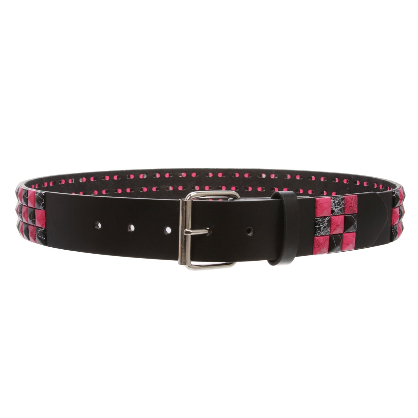 Snap On 1 1/2" Hot pink & Black Checkerboard Punk Rock Studded Belt