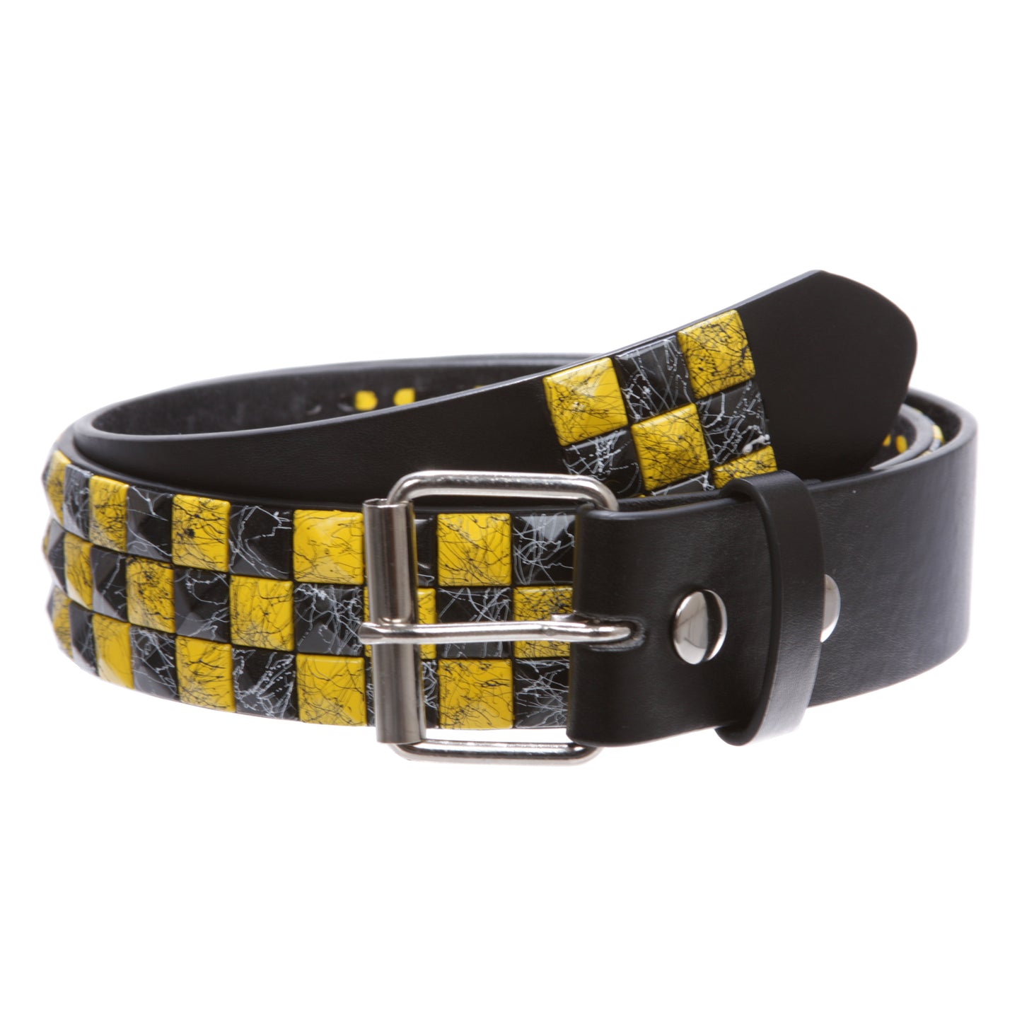 Snap On 1 1/2" Yellow & Black Checkerboard Punk Rock Studded Belt