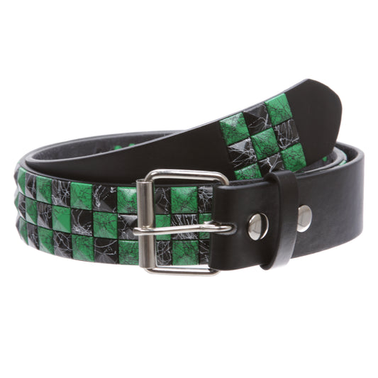 Snap On 1 1/2" Green & Black Checkerboard Punk Rock Studded Belt