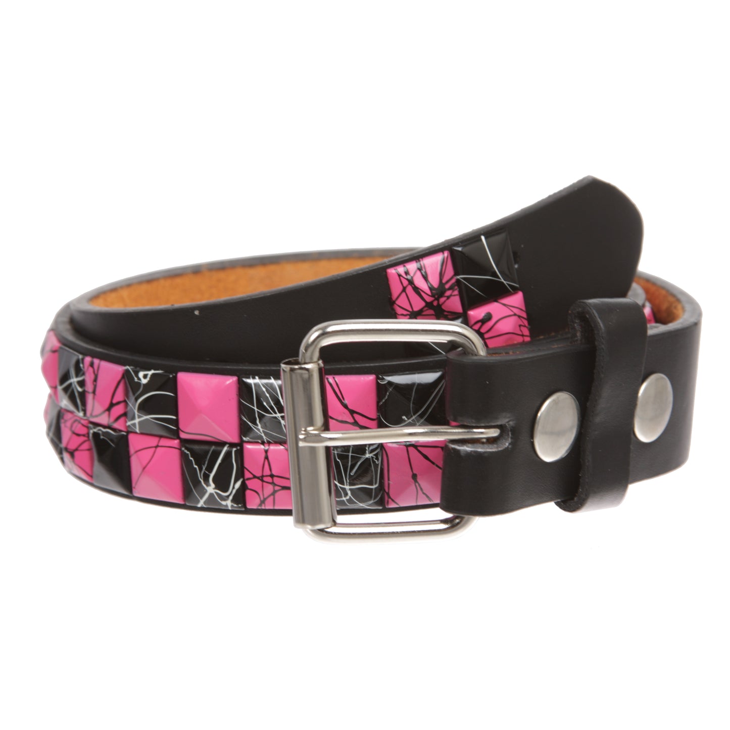 Kids' Fuchsia Black Checkerboard Studded Leather Belt – Snap-On for Custom Buckles