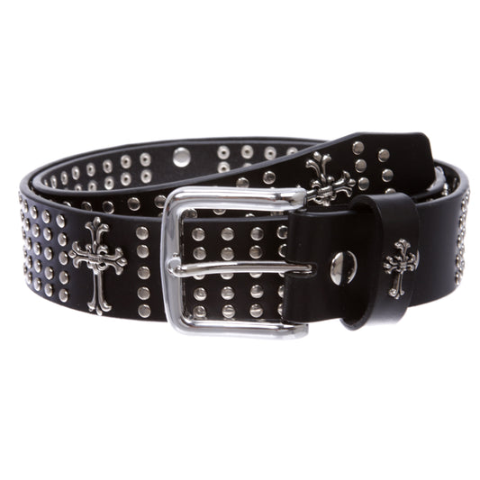 1 1/2" Snap On Riveted Christian Religious Cross and Circle Studded Leather Belt