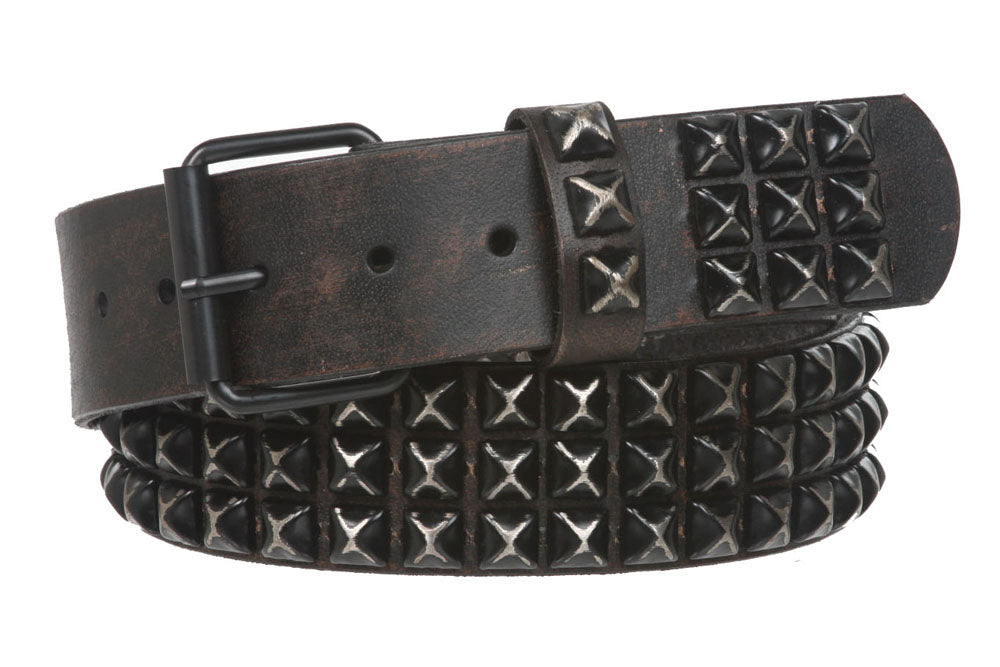 Snap On 1 3/4" Three Row Punk Rock Star Distressed Black Studded Leather Belt