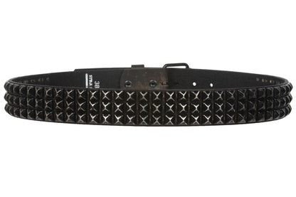 Snap On 1 3/4" Three Row Punk Rock Star Distressed Black Studded Leather Belt