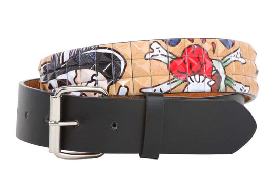 Snap On 1 1/2" Skull & Cross Bone Printed Punk Rock Studded Belt