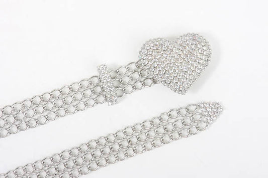 Clear Rhinestone Heart Metal Chain Belt