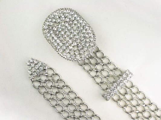 Ladies Oval Clear Rhinestone Belt Buckle Metal Chain Belt