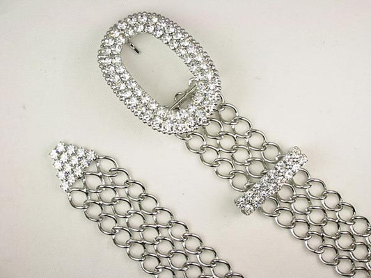 Ladies Oval Clear Rhinestone Belt Buckle Metal Chain Belt